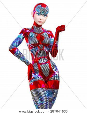 Cyborg Droid Robot Woman Futuristic Metallic Neon Suit.squama Armor.extravagant Fashion Art.girl Sta