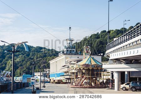 Kiev, Ukraine - July 16, 2018: Seafront Of Dnipro River The Dnieper Near Poshtova Ploscha Metro Stat