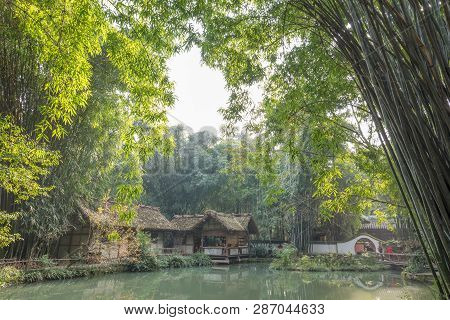 Chengdu, Sichuan Province, China - Dec 22, 2015 : People Visiting Du Fu Thatched Cottage Park - Buil