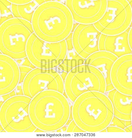 British Pound Gold Coins Seamless Pattern. Attractive Scattered Yellow Gbp Coins. Success Concept. U