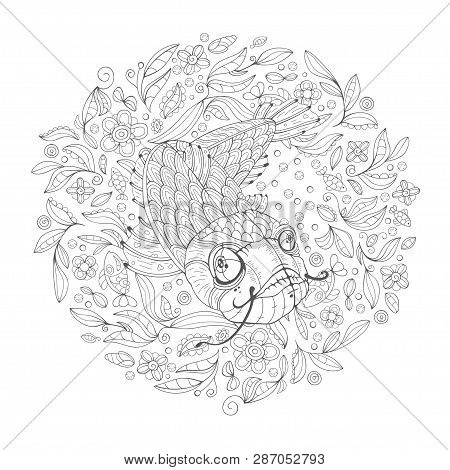 Hand Drawn Decorated Cartoon Catfish On The White Background With Algae. Image For Coloring Book. Ve