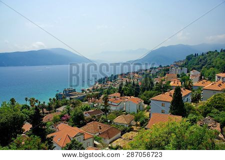 View Of The Boka-kotorska Bay From The Fortress Herceg Novi. The Town Of Herceg Novi In Montenegro. 