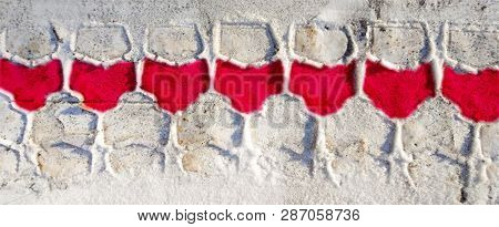 Tire Track On A Snow With Wine Glass Patterns And Red Wine Or Blood In It. Sober Driver Driving Safe