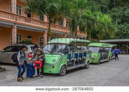 Lang Son, Vietnam - Oct 31, 2015. Electric Carts Waiting At Vietnam - China Road Border Gate.