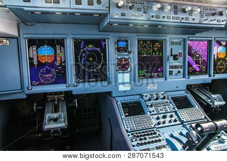 Zhukovskiy, Russia - August 28, 2015: Sukhoi Superjet 100 Ra-89034 Yamal Airlines Cockpit View