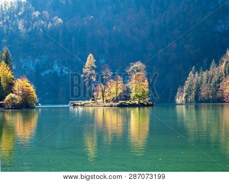 Image Of Lake Koenigssee In Berchtesgarden Germany During Autumn With Beautiful Colorful Trees And I