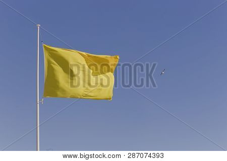 Uni Color Yellow Flag Flying In The Top Of A Pole Against A Pur Cloudless Blue Sky With A Seagull Pa