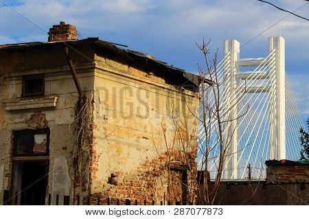 Bucharest, Romania - December 11, 2016: An Abandoned House Is Seen In Front Of 