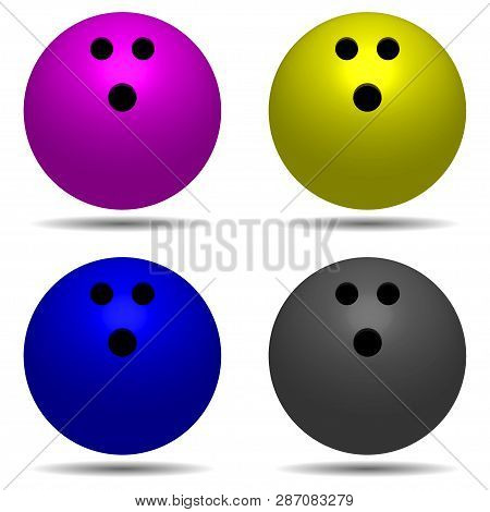Set Bowling Ball With Shadow. Pink, Yellow, Blue, Greey