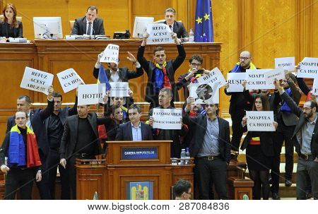 Bucharest, Romania - February 01, 2017: Members Of Romanian Parliament Opposition, Save Romania Unio