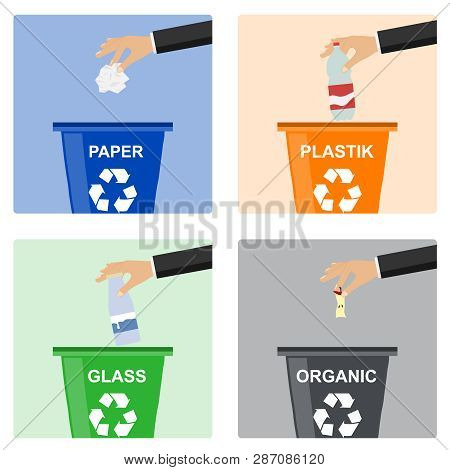 Man Hand Throws Garbage Into A Plastic Container. Hand Of Man Throwing Garbage Into Organic Containe