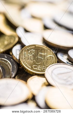 Close-up A Pile Of New Euro Coins In Other Compositions