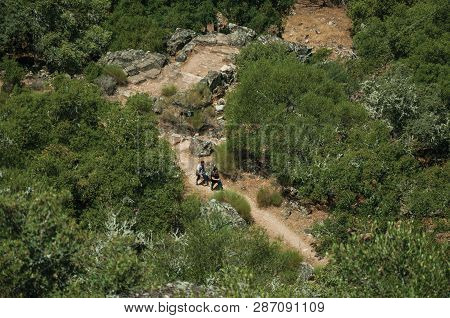 Monfrague Park, Spain - July 04, 2018. People Walking Through Dirt Path Amid Forest Glade On A Sunny