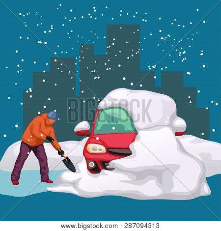 Illustration Of Man Cleaning A Car From Snow With Showel At Night