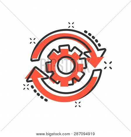Workflow Process Icon In Comic Style. Gear Cog Wheel With Arrows Vector Cartoon Illustration Pictogr