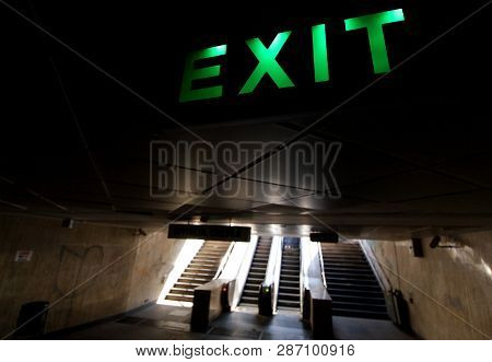 Bucharest, Romania - September 23, 2018: The Exit Sign Is Seen In The University Passage (pasajul Un