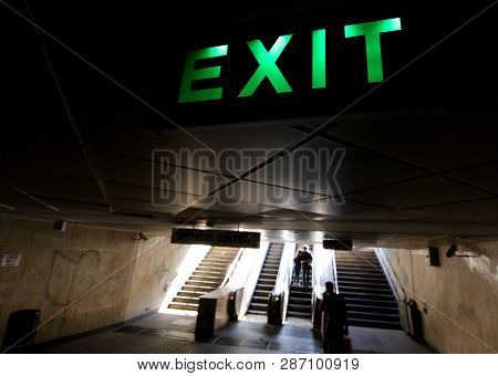 Bucharest, Romania - September 23, 2018: The Exit Sign Is Seen In The University Passage (pasajul Un