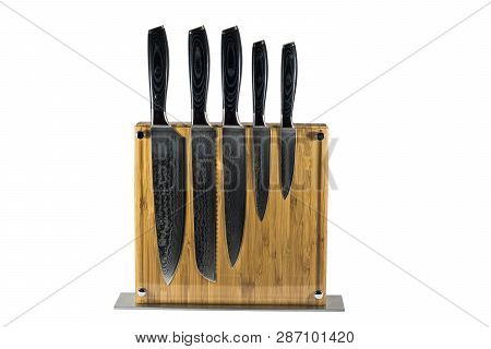 Wooden Modern Knife Block Isolated On White Background