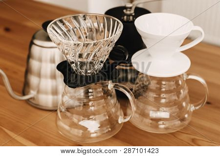 Alternative Coffee Brewing Method. Stylish Accessories And Items For Alternative Coffee On Wooden Ta