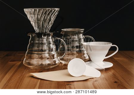 Glass Flask, Paper Filters, Glass And Ceramic Dripper, Spoon For Pour-over Coffee. Alternative Coffe
