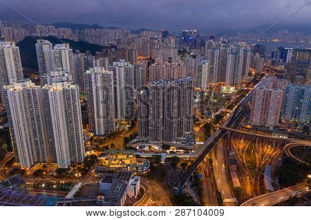 Kowloon Bay, Hong Kong, 16 February 2019:  Top down view of Hong Kong Kowloon side at night