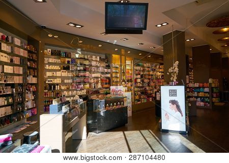 DUSSELDORF, GERMANY - CIRCA SEPTEMBER, 2018: perfumes and cosmetics on display at Pieper Perfume in Dusseldorf.