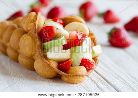 Waffles With Fruits, Strawberries, Apple And Kiwi