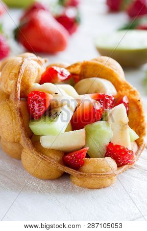 Waffles With Fruits, Strawberries, Apple And Kiwi