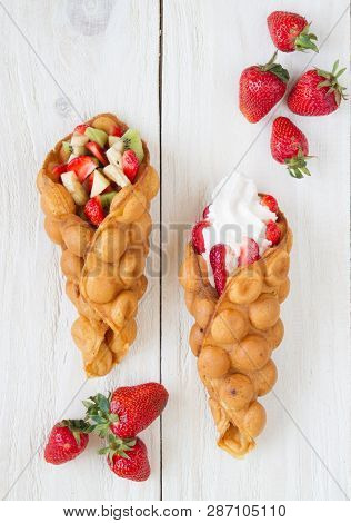 Waffles With Fruits, Strawberries, Apple And Kiwi