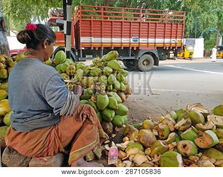 Tiruvanamalai, India -December 10, 2019:  Preparing coconuts for sale in Tiruvanamalai in India