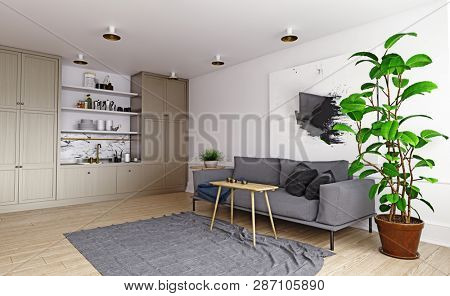 modern house interior. Sofa and kitchen zone. 3d rendering concept