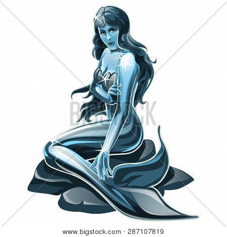 Steel Sculpture Of A Mermaid Isolated On White Background. Vector Cartoon Close-up Illustration.