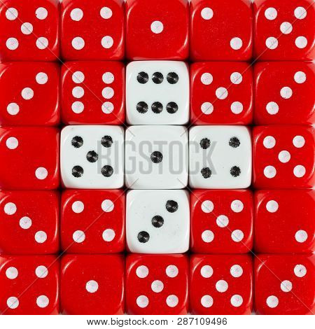 National Flag Of Switserland In Colorful Background Of Dices