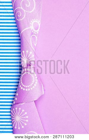 Birthday Gift Card With Violet Bow And Ribbon In The Middle Isolated And Violet And Blue Background 