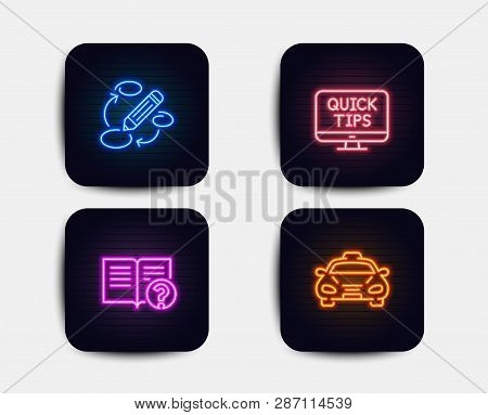 Neon Glow Lights. Set Of Keywords, Help And Web Tutorials Icons. Taxi Sign. Marketing Strategy, Docu