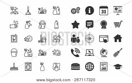 Cleaning Line Icons. Laundry, Sponge And Vacuum Cleaner Signs. Washing Machine, Housekeeping Service