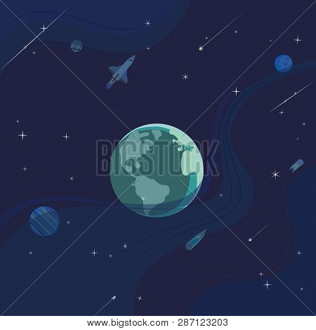 Outer Space Abstract Cartoon Background. Shuttle Rocket, Satellite In Cosmos. Moon, Earth Planet. St