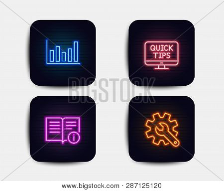 Neon Set Of Column Chart, Technical Info And Web Tutorials Icons. Customisation Sign. Financial Grap