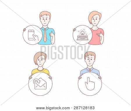 People Hand Drawn Style. Set Of Hold Smartphone, Receive Mail And Typewriter Icons. Hand Click Sign.
