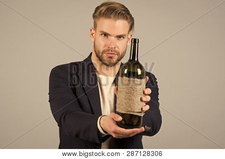 This Is For You. Social And Cultural Aspects Of Drinking. Businessman Formal Suit Confidently Welcom