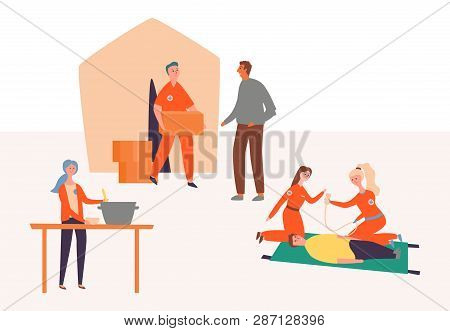 First Medical Aid Camp Volunteer Character Set. Young Girl Save Life Of Guy. Man Bring Medical Box S