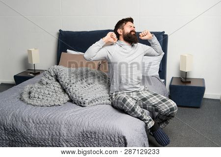 Problem With Early Morning Awakening. Get Up Early. Tips For Waking Up Early. Man Bearded Hipster Sl