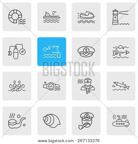 Vector Illustration Of 16 Sea Icons Line Style. Editable Set Of Pike Fish, Lifebuoy, Smoking Pipe An