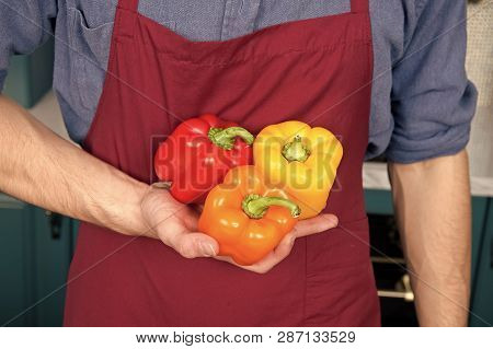 Fresh Peppers Vegetables In Hand Of Chef. Diversity Ingredients. Peak Season Purchasing Ensure Your 