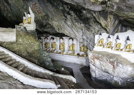 Hpa-an, Myanmar - 19 November, 2018: Horizontal Picture Of Walking Area Inside Of Yathaypyan Cave, A