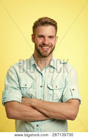 Cheerful Consultant. Man Smiling Face Posing Confidently With Folded Arms Yellow Background. Man Sho
