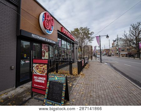 Ottawa, Canada - November 12, 2018: Boston Pizza Logo In Front Of Their Fast Food In Ottawa, Ontario