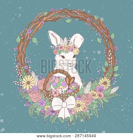 Vector Pastel Floral Easter Bunny Illustration With Flowers, Easter Eggs, Basket, Wreath, Chocolate 