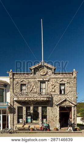 September 15, 2018 - Skagway, Ak: Facade Of Historic Arctic Brotherhood Hall.