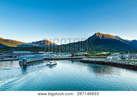 September 15, 2018 - Skagway, Ak: Fjordlands Express Local Ferry Arriving In Harbour At Daybreak.